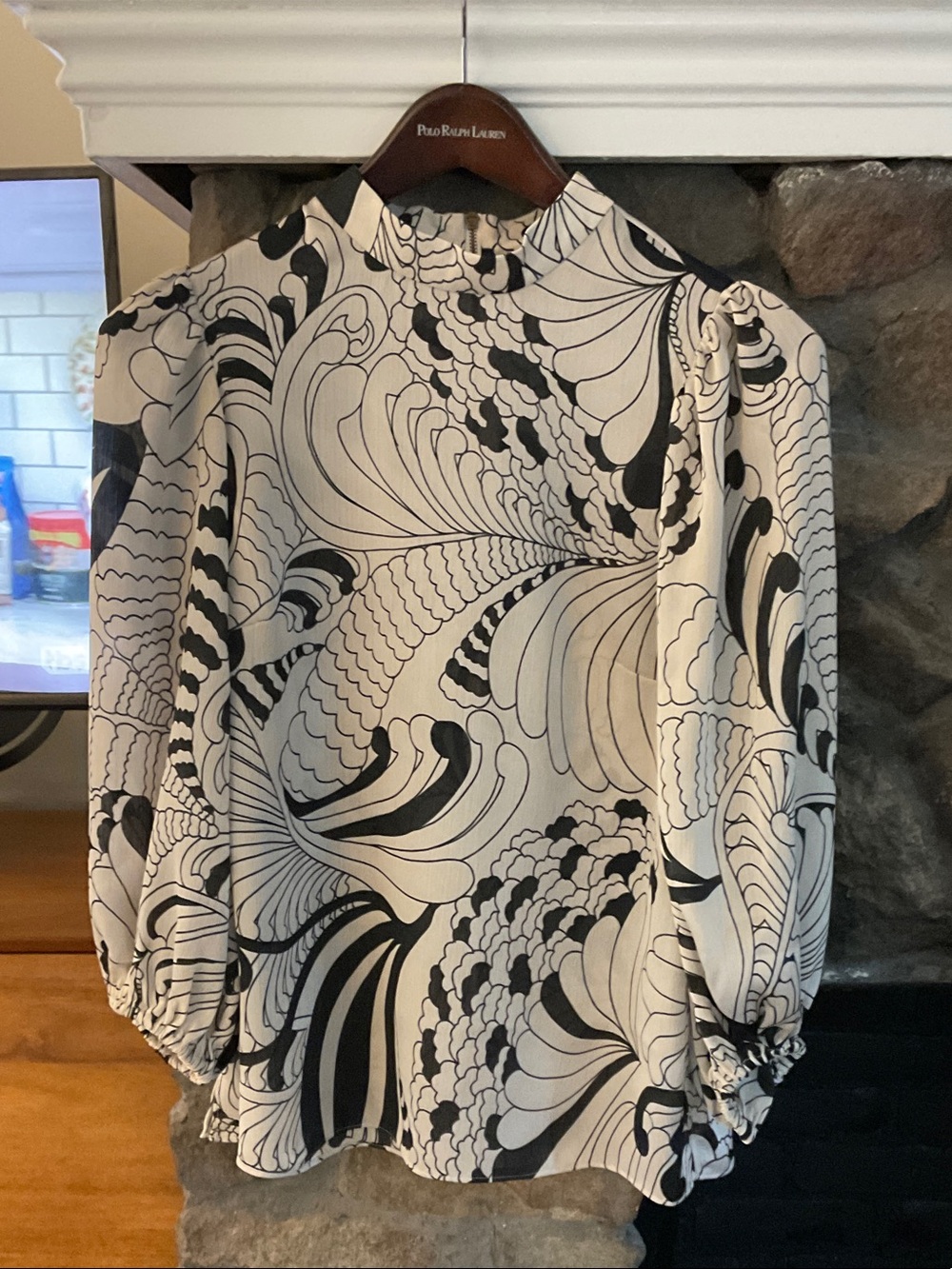 Ted Baker Navy & White Swirl Print High-Neck Balloon sleeve Blouse
